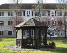 Gazebo on a fall day with the Rockridge apartments in the distance.